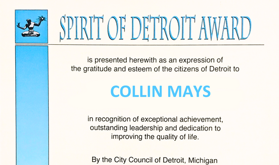 Collin Mays received the cherished Spirit of Detroit Award for his community involvement and his service in government.